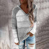Womens Patchwork Hooded Sweater Long Sleeve V-neck Knitted Casual Striped Pullover