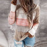 Womens Patchwork Hooded Sweater Long Sleeve V-neck Knitted Casual Striped Pullover