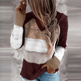 Womens Patchwork Hooded Sweater Long Sleeve V-neck Knitted Casual Striped Pullover