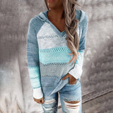 Womens Patchwork Hooded Sweater Long Sleeve V-neck Knitted Casual Striped Pullover