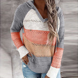Womens Patchwork Hooded Sweater Long Sleeve V-neck Knitted Casual Striped Pullover