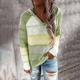 Womens Patchwork Hooded Sweater Long Sleeve V-neck Knitted Casual Striped Pullover