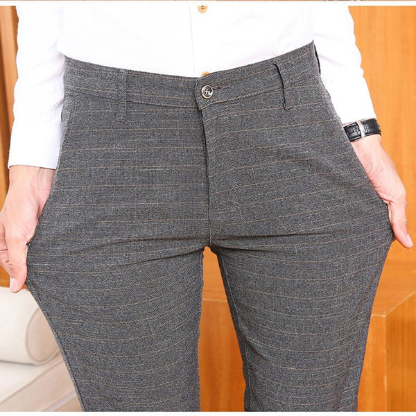 Stretch Plaid Men Suit Pants Cotton Casual Dress Pants Slim Fit Trousers Office Size 28-38