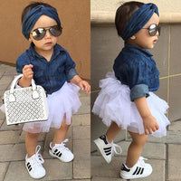 3PCs Baby Girl Summer Clothing Set Denim Shirt Top+Tutu Skirt+Headband Outfits 0-5T