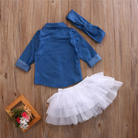 3PCs Baby Girl Summer Clothing Set Denim Shirt Top+Tutu Skirt+Headband Outfits 0-5T