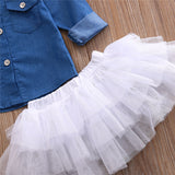 3PCs Baby Girl Summer Clothing Set Denim Shirt Top+Tutu Skirt+Headband Outfits 0-5T