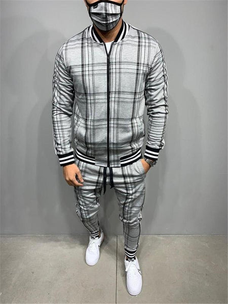 Plaid Printed Loose Suit Fashion Grey Tracksuit Fullset L-3XL