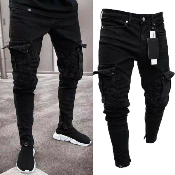 Biker Ripped Long Denim Trousers Skinny Jeans Destroyed Stretchy-Black Pants
