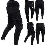 Biker Ripped Long Denim Trousers Skinny Jeans Destroyed Stretchy-Black Pants