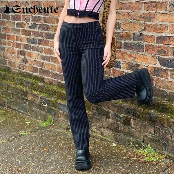 Striped Fashion Gothic High Waist Straight Pants Streetwear Outfit Trousers