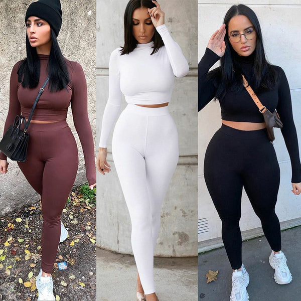 Two Piece Sets Women Solid Tracksuits High Waist Stretchy Sportswear Hot Crop Tops And Leggings Matching Outfits