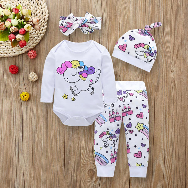 4pcs Baby Girl Clothes Sets Unicorn Pegasus Star Castle Tops+Pants+Hat+Headband