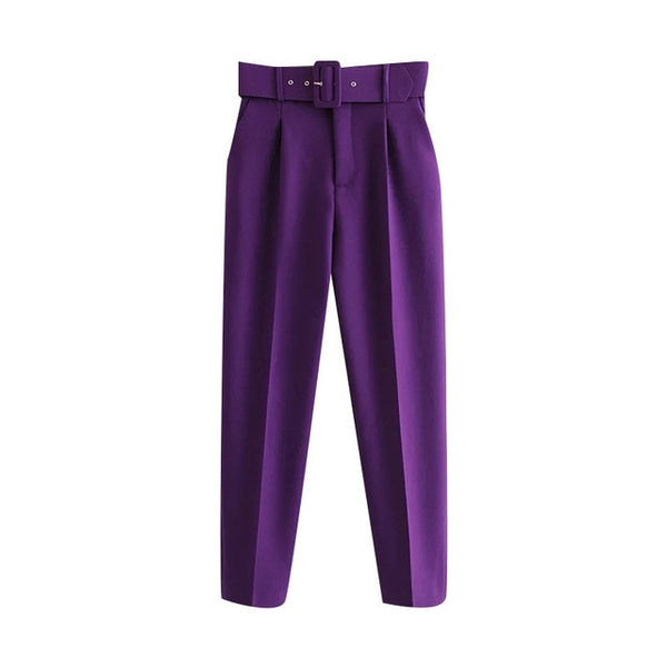 Women Fashion With Belt Side Pockets Office/Casual Pants Vintage High Waist Zipper Fly Female Ankle Trousers