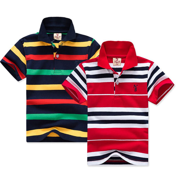 Boys Striped Summer T-Shirts School Children Clothing Cotton Short Sleeve Turn-down Collar Buttoned Sports Tees Size 2-12Yrs
