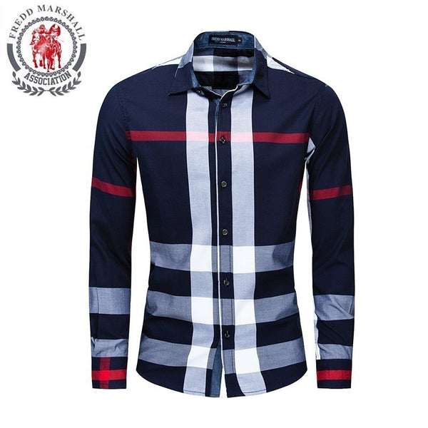 Vertical Plaid Men's Long Sleeve Casual Slim Fit 100% Cotton Shirt S-2XL