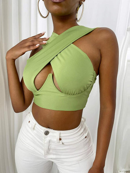 Women Criss Cross Tank Tops Sexy Sleeveless Solid Color Cutout Front Crop Lady Bustier Tops