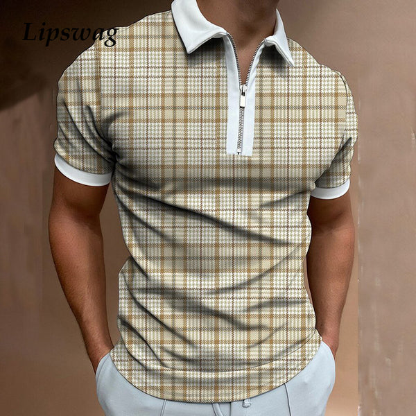 Fashion Patchwork Men Short Sleeve Polo Shirts Casual Turn-down Collar Zipper Design Tops Summer Streetwear