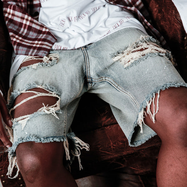 Summer Ripped Men Shorts Straight Loose Beggar Hole Denim Male Jeans