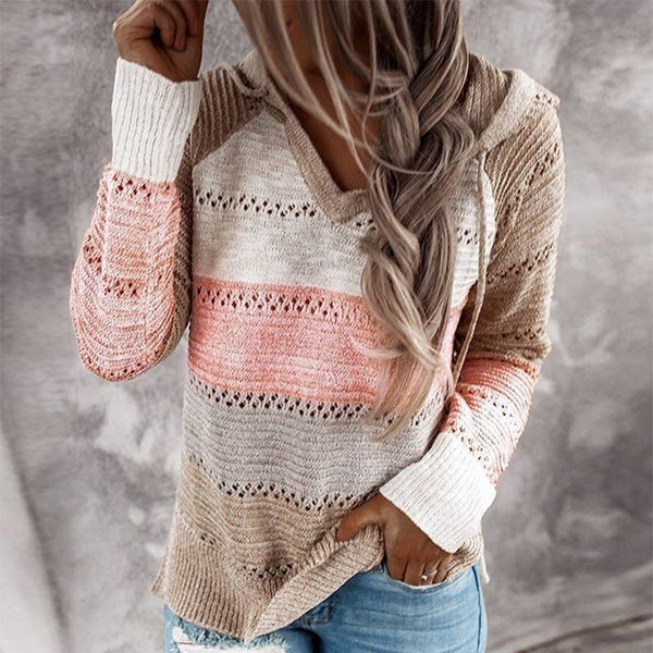 Womens Patchwork Hooded Sweater Long Sleeve V-neck Knitted Casual Striped Pullover
