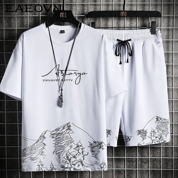 Men's T-shirt+Shorts Set Summer Breathable Casual T shirt Running Set Printed Sport Suit