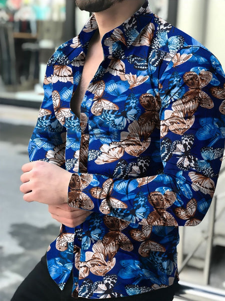 Men's butterfly print, tight long sleeve shirt