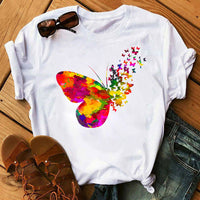 Woman Butterfly Tree Print Tshirts Casual Round Neck Short Top Tee Shirt