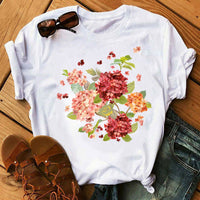 Woman Butterfly Tree Print Tshirts Casual Round Neck Short Top Tee Shirt