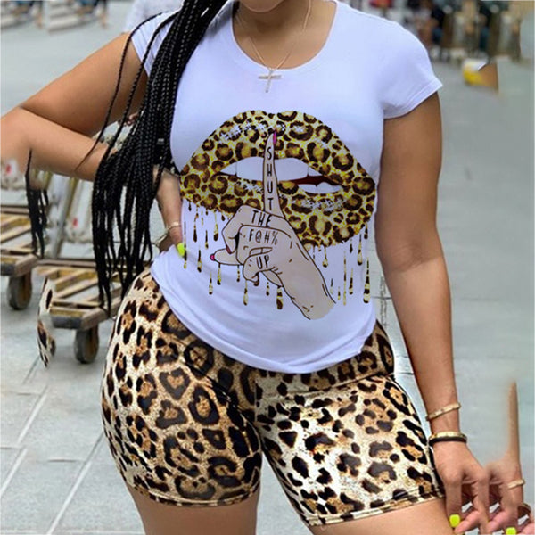 Two Piece Set for Women Tracksuit Lips Short Sleeve Top Leopard Shorts Sweat Outfits Matching Sets