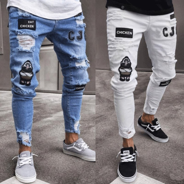 Men's Ripped Skinny Jeans Destroyed Frayed Slim Fit Denim Pants Trousers
